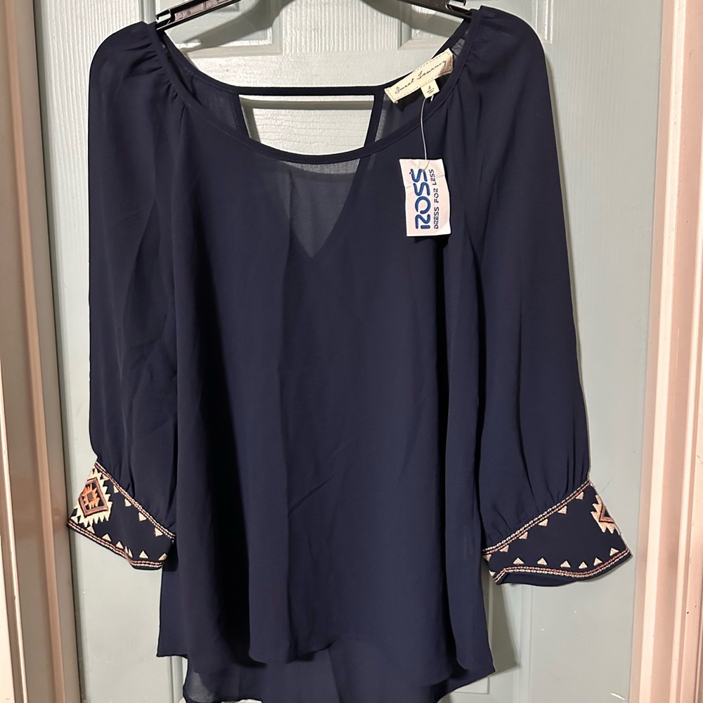 Navy Blue Women's Top with Embroidered Cuffs